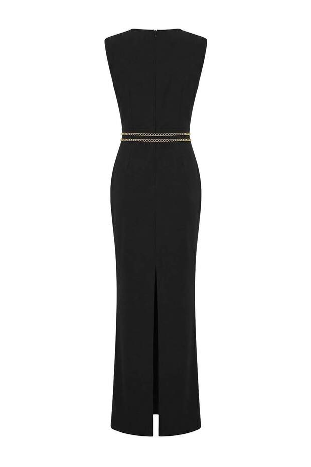 Siyah Cut Out Aksesuar Detaylı Maxi Abiye & Mezuniyet Elbise TPRSS26AE00021 - 7