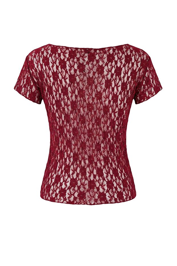 Bordo Fitted/Vücuda Oturan Kayık Yaka Kısa Kollu Dantel Örme Bluz TWOSS26BZ00185 - 6