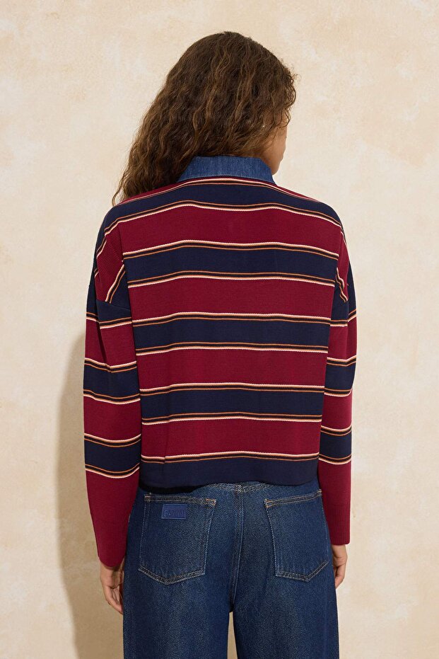 Çok Renkli Çizgili Denim Garnili Polo Yaka Triko Kazak TWOAW26KZ00283 - 4