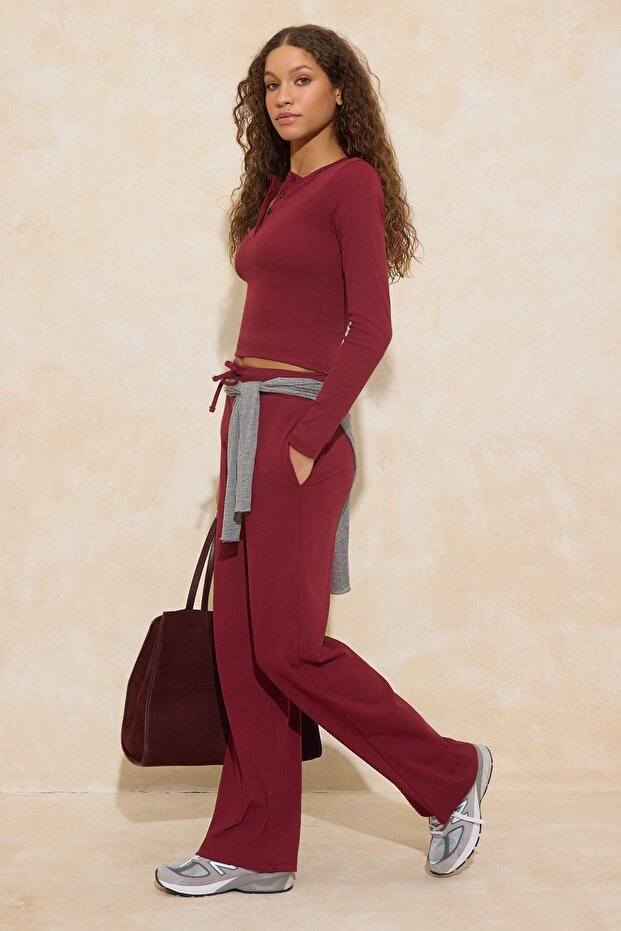 Bordo Fitted/Vücuda Oturan Patlı Uzun Kollu Esnek Örme Alt - Üst Takım TWOSS26AU00007 - 2
