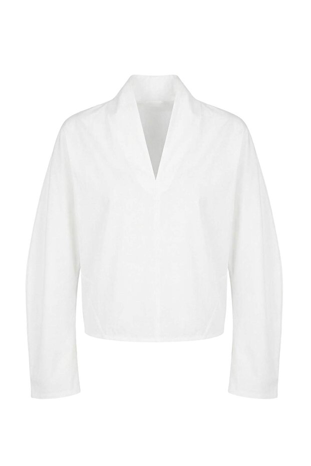 Trendyolmilla Wardrobe Essentials – Beyaz V Yaka Dokuma Bluz | TWOSS26BZ00091 - 5