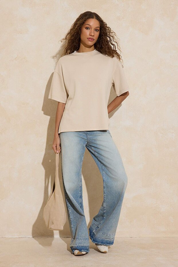 Taş Oversize/Geniş Kalıp Düşük Kol Kısa Kollu Uzun Soft Touch Örme T-Shirt TWOSS26TS00002 - 4