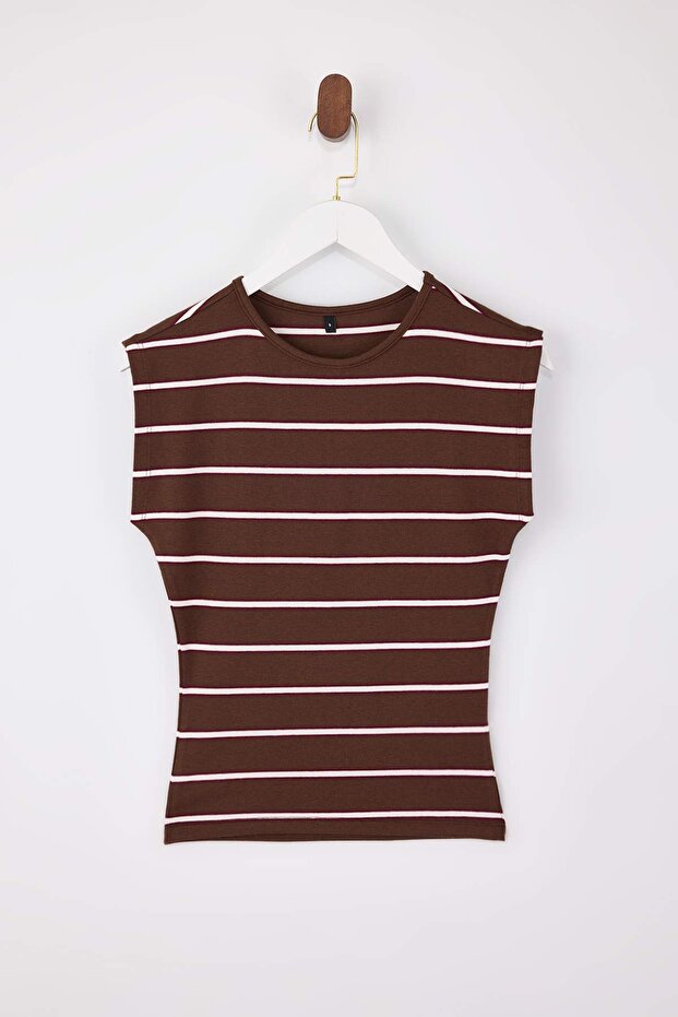 Wardrobe Essentials-Kahverengi Çizgili Fitted/Vücuda Oturan Yumuşak Örme Bluz TWOSS26BZ00108 - 5