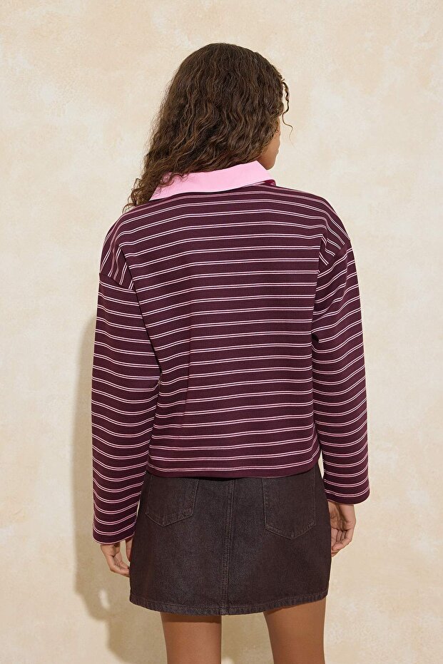 Çok Renkli Pembe Çizgili More Sustainable Dokuma Yakalı Örme T-shirt/Sweatshirt TWOAW26TS00004 - 4