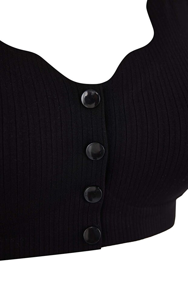 Siyah Dikişsiz Lazer Kesim Görünmez/Hayalet Düğme Detaylı Kaplı Bralette Örme Sütyen THMSS26SU00002 - 3