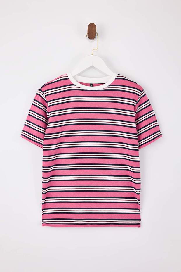 Pembe Çizgili Regular/Normal Kalıp Kısa Kollu Tok %100 Pamuk Vatkalı Örme T-Shirt TWOSS26TS00031 - 4