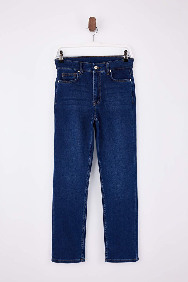 Koyu Mavi Yüksek Bel Straight Yumuşak Ekstra Esneyen Örme Kot/Jeans TWOSS26JE00104 - 6