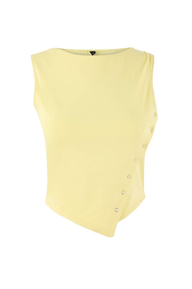 Teen Açık Sarı Fitted/Vücuda Oturan Kayık Yaka Kolsuz Crop Pamuklu Esnek Örme Bluz TWOSS26BZ00035 - 5
