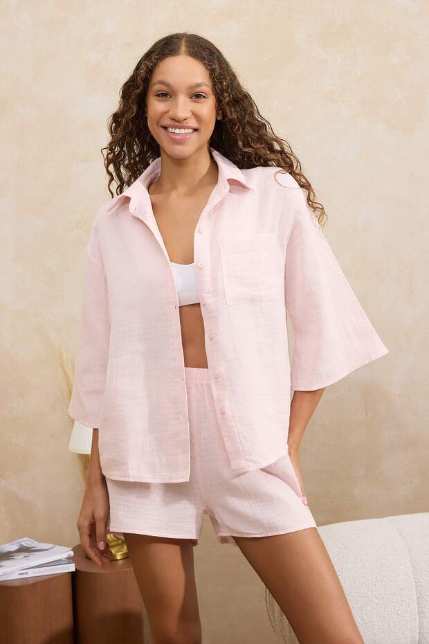 Pudra %100 Pamuklu Müslin Kumaş Şortlu Dokuma Pijama Takımı THMSS26PT00032 - 4