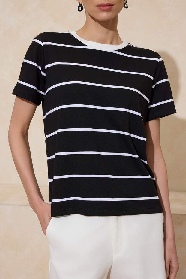 Siyah Çizgili Regular/Normal Kalıp Kısa Kollu Tok %100 Pamuk Örme T-Shirt TWOSS26TS00049 - 3