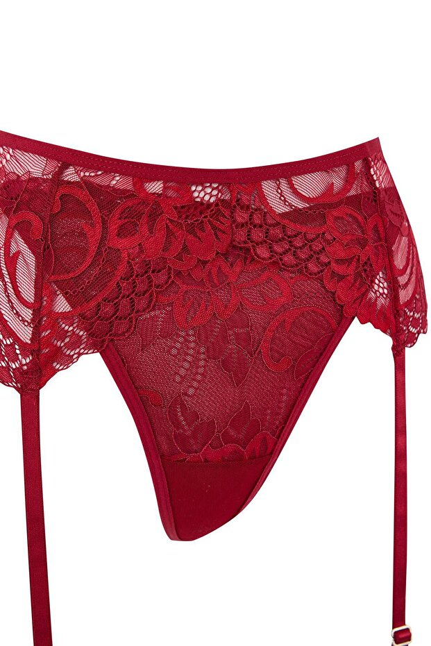 Bordo Dantel Kapsız 3'lü Jartiyerli Fantezi/İç Çamaşırı Takımı THMSS26CC00015 - 3