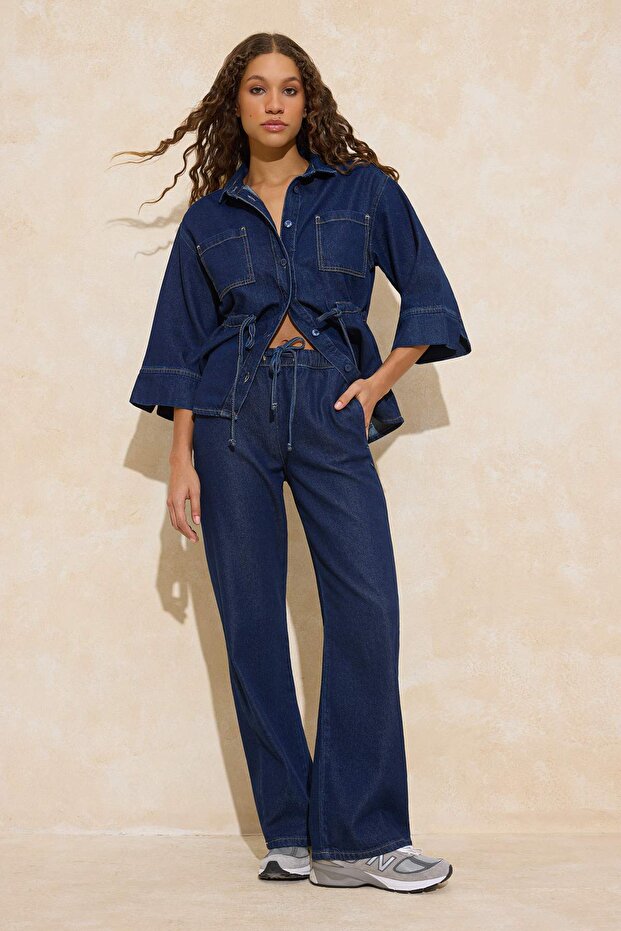 Koyu Mavi DÖKÜMLÜ Beli Lastikli Yüksek Bel Wide Leg Jeans TWOSS26JE00040 - 1