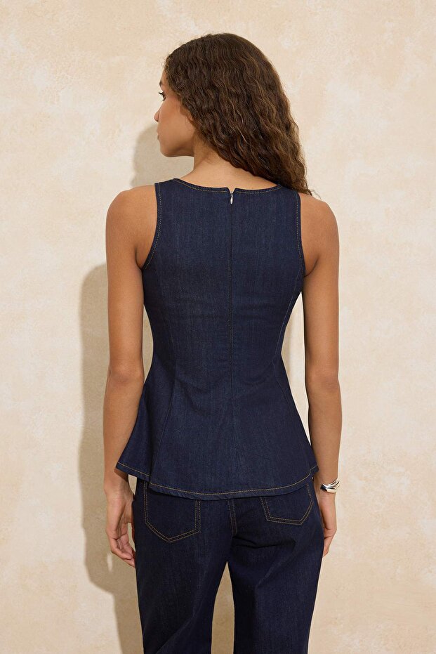 Koyu Mavi Askılı Peplum %100 Pamuk Denim Bluz TWOSS26BZ00196 - 4
