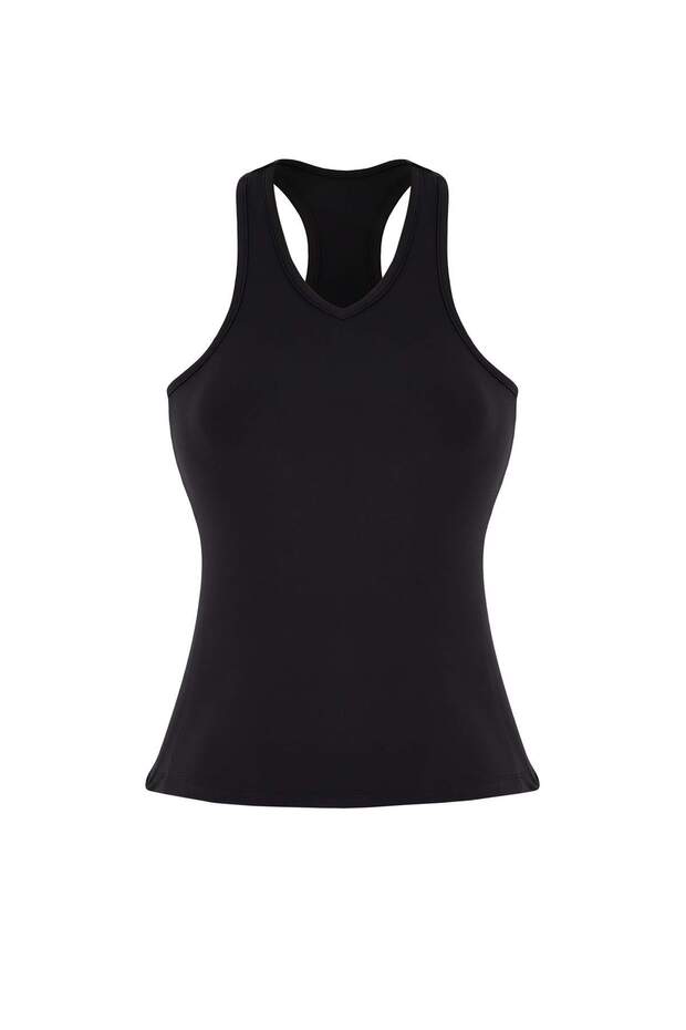 Siyah Fırçalı Soft Kumaş Halter Yaka 2 Katlı İçi Pedli Örme Spor Üst/Bluz THMSS26BZ00004 - 7