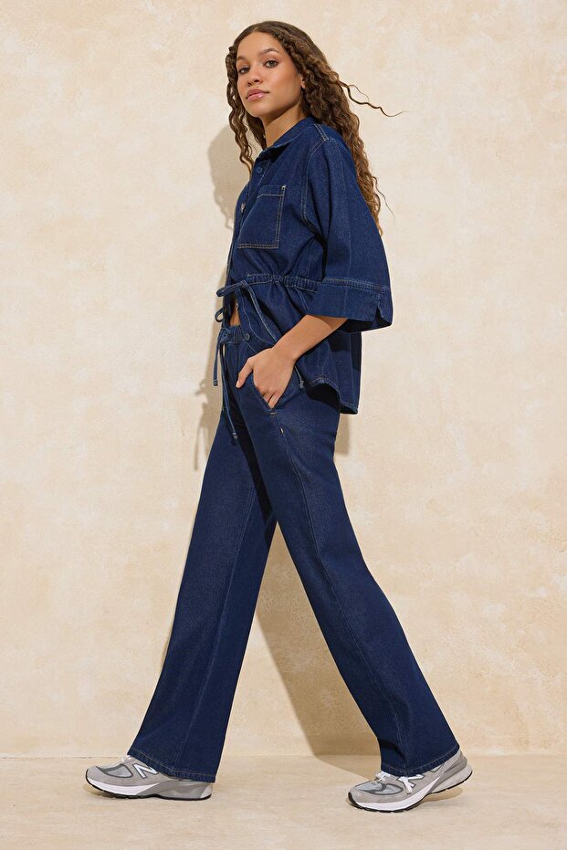 Koyu Mavi DÖKÜMLÜ Beli Lastikli Yüksek Bel Wide Leg Jeans TWOSS26JE00040 - 2