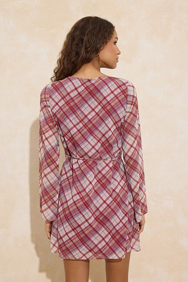 Bordo Ekose / Kareli Kısa / Mini Dokuma Elbise TWOAW26EL00335 - 4