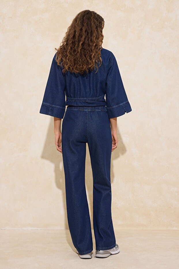 Koyu Mavi DÖKÜMLÜ Beli Lastikli Yüksek Bel Wide Leg Jeans TWOSS26JE00040 - 4