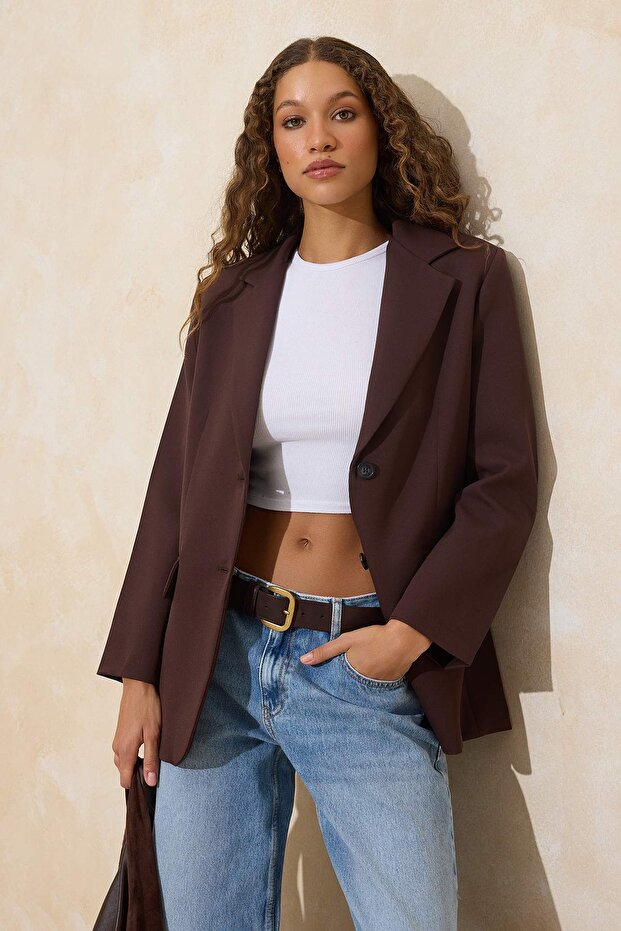 Koyu Kahverengi Oversize Dokuma Blazer Ceket TWOAW24BC00107 - 1