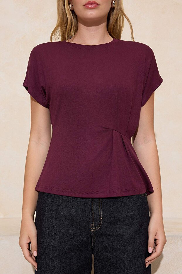 Mürdüm Relaxed/Rahat Kalıp Kayık Yaka Büzgülü Yumuşak Örme T-Shirt TWOSS26BZ00270 - 4