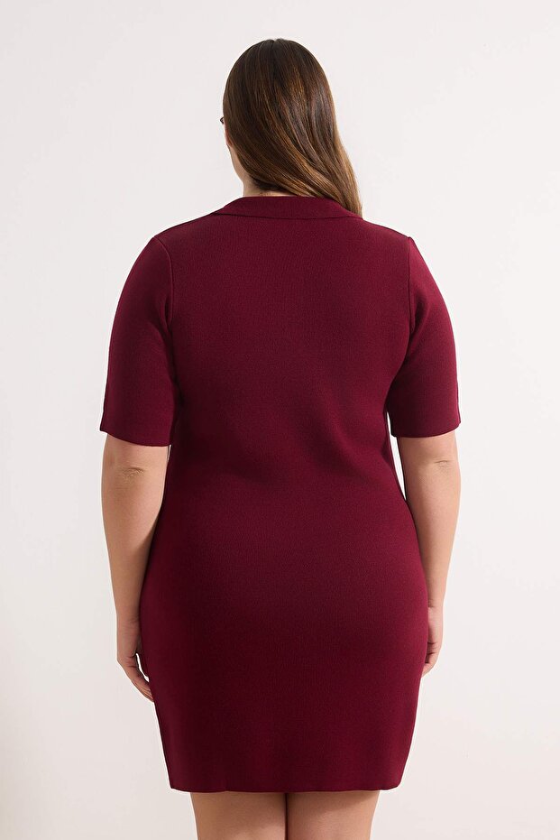 Bordo Polo Yaka Düğmeli Kısa / Mini Triko Elbise TBBSS26AH00001 - 4