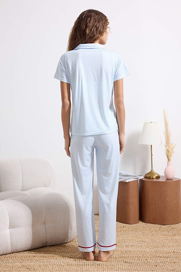 Mavi 3'lü Ekoseli Kirazlı Şerit Detaylı Örme Pijama Takımı THMSS26PT00062 - 5