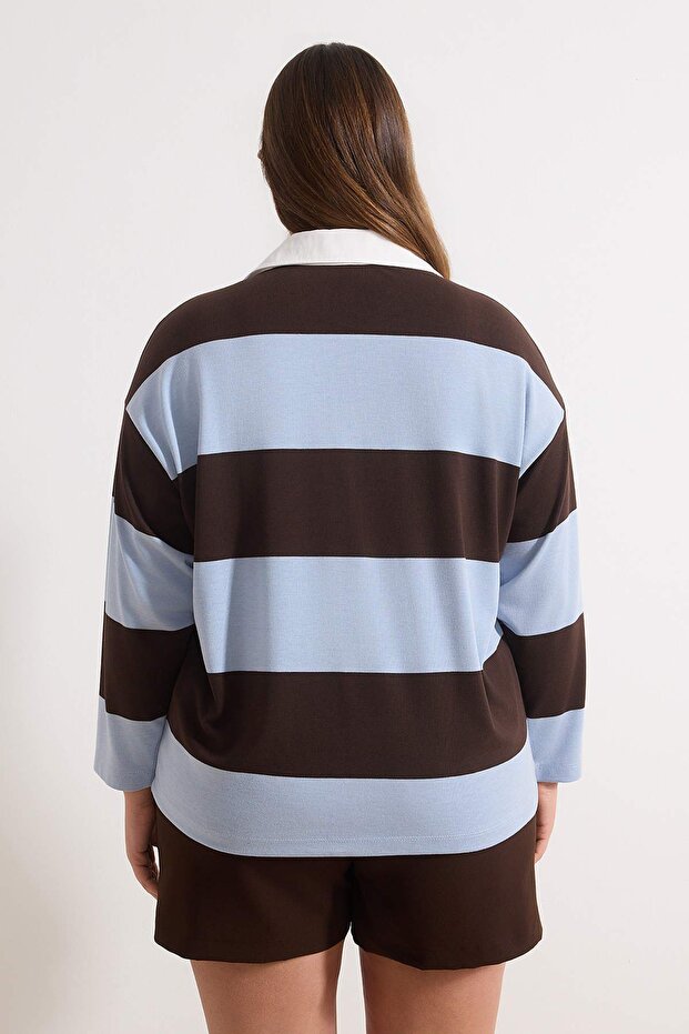Kahverengi Çizgili Büyük Beden Örme Sweatshirt TBBAW26AO00050 - 4