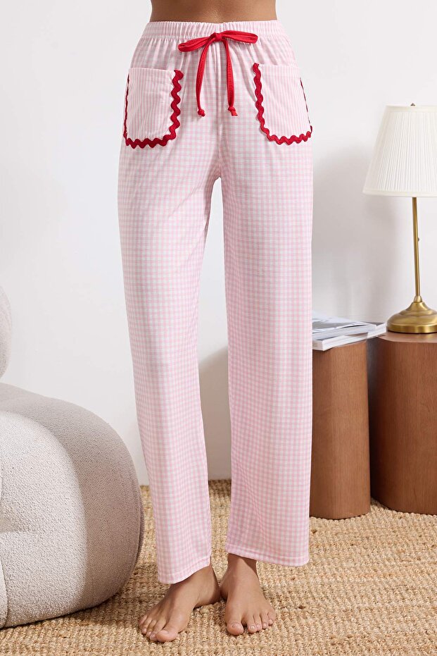 Beyaz-Pembe Ekoseli Kalpli Şerit Detaylı Örme Pijama Takımı THMSS26PT00063 - 3