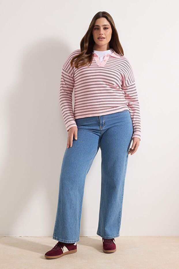Wardrobe Essentials Pembe Premium İplik/Özel İplikli Geniş Kalıp Çizgili Triko Kazak TBBAW26AN00063 - 1
