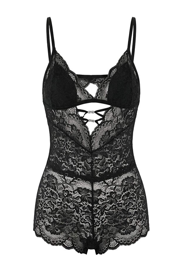 Siyah Dantal Aksesuar Detaylı Tulum/Babydoll THMSS26LL00001 - 3