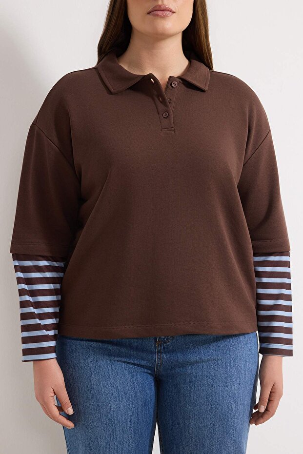 Kahverengi Polo Yaka Kolları Çizgili Büyük Beden Sweatshirt TBBAW26AO00053 - 3
