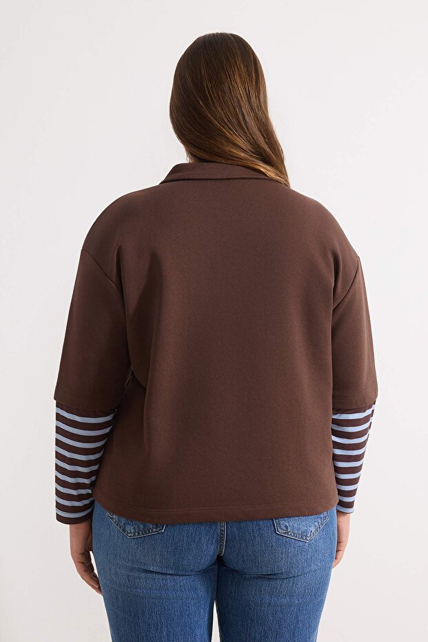 Kahverengi Polo Yaka Kolları Çizgili Büyük Beden Sweatshirt TBBAW26AO00053 - 4