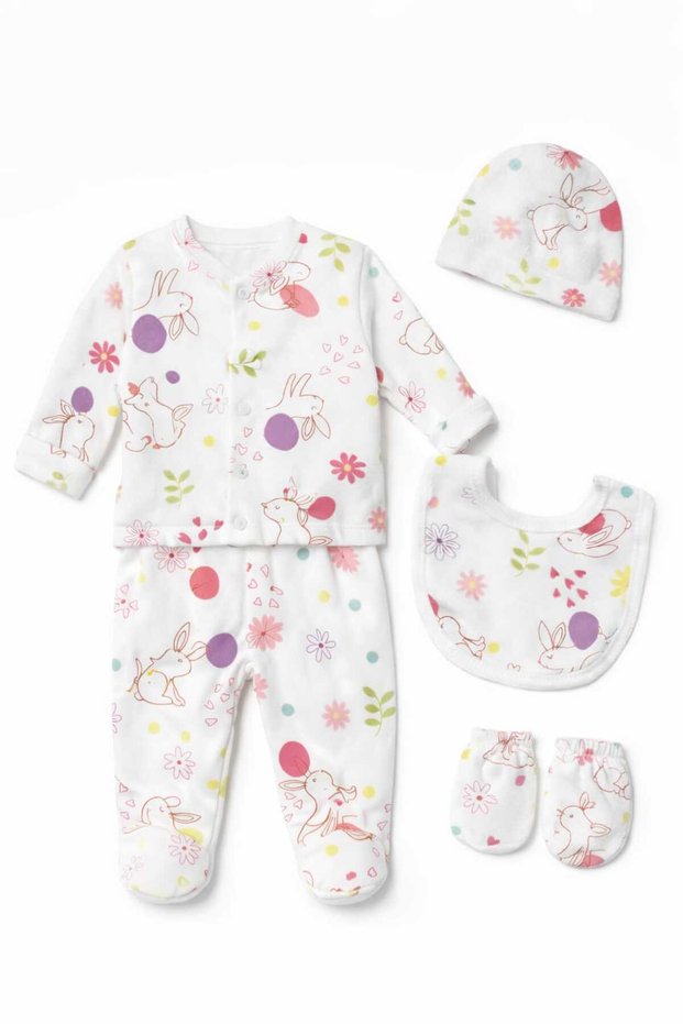 Rabbit Patterned 5-Piece Baby Bodysuit Set Hospital Exit Baby Girl