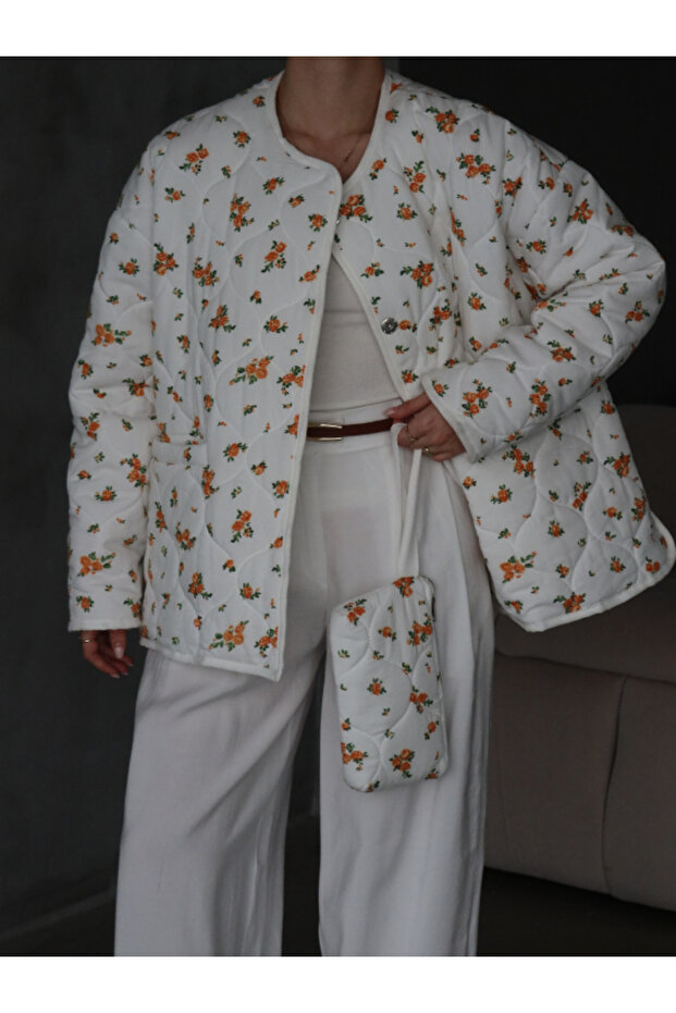 ÇİÇEKLİ ÇANTALI KAPİTONE OVERSİZE CEKET - 5