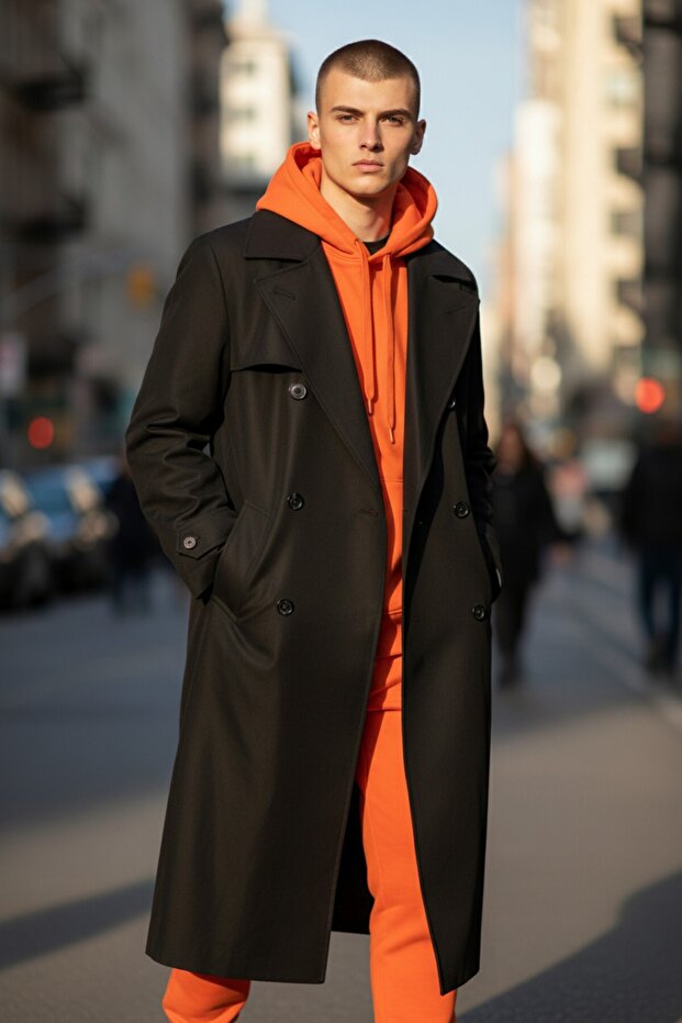 Black Front Buttoned Sleeve Trench Coat with Fence