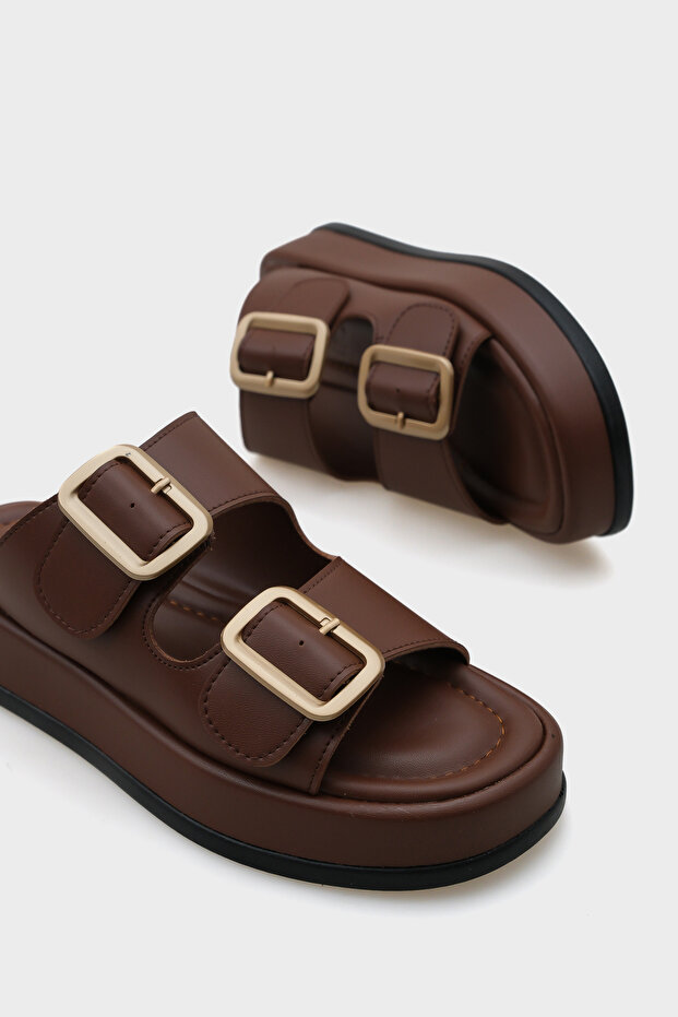 Marge Wedge Heeled Double Banded Buckle Women's Slippers - 5