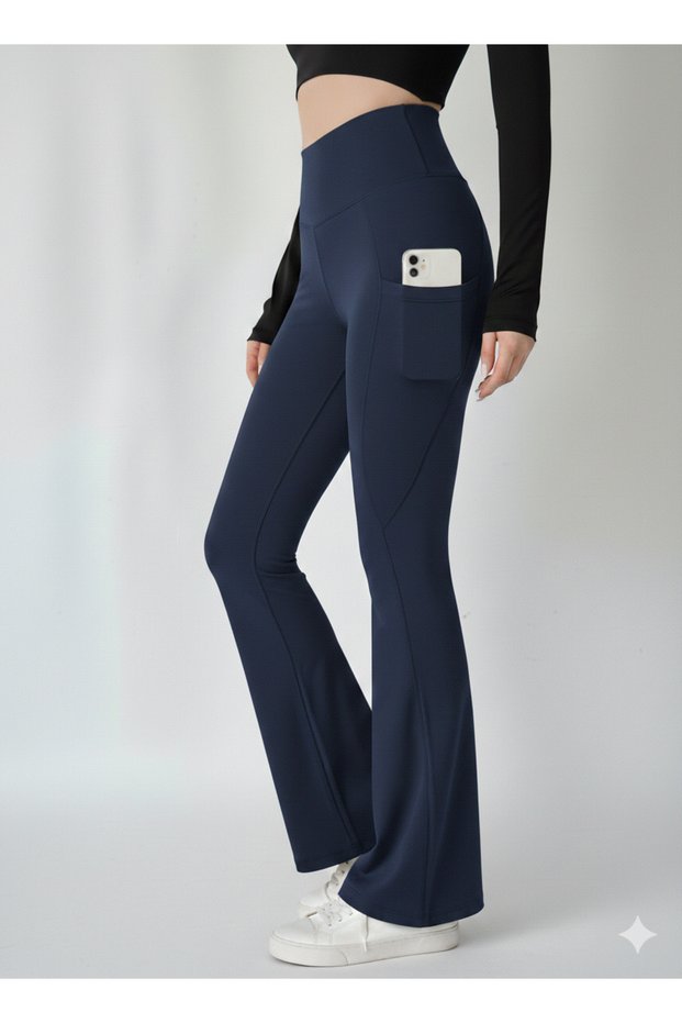 Women's Navy Blue High Waist Shaping / Sculpting Double Pocket Flared Leggings