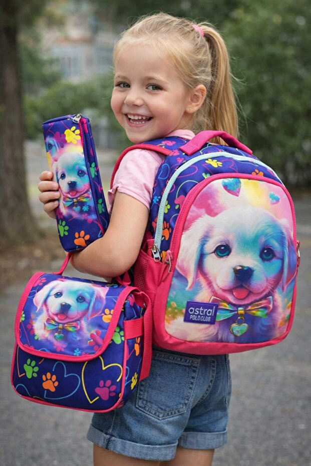Three Compartment 3D Pretty Dog Printed Girl's Primary School Bag Nutrition and Pen Holder Set Ddcq7322