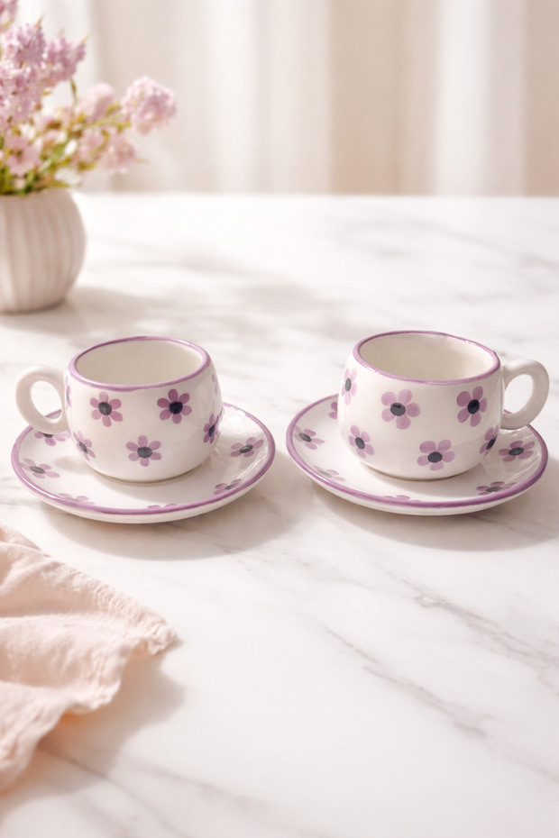 Purple Flower Detailed Handmade Ceramic Set of 2 Turkish Coffee Cups Stylish Elegant Special Design