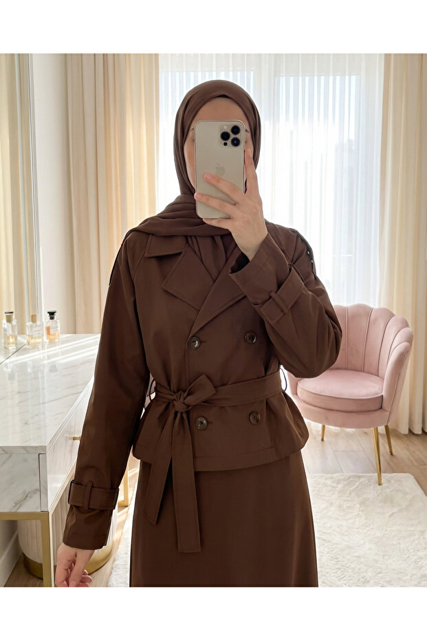 Women's Belted Short Trench Coat 5970 - Brown