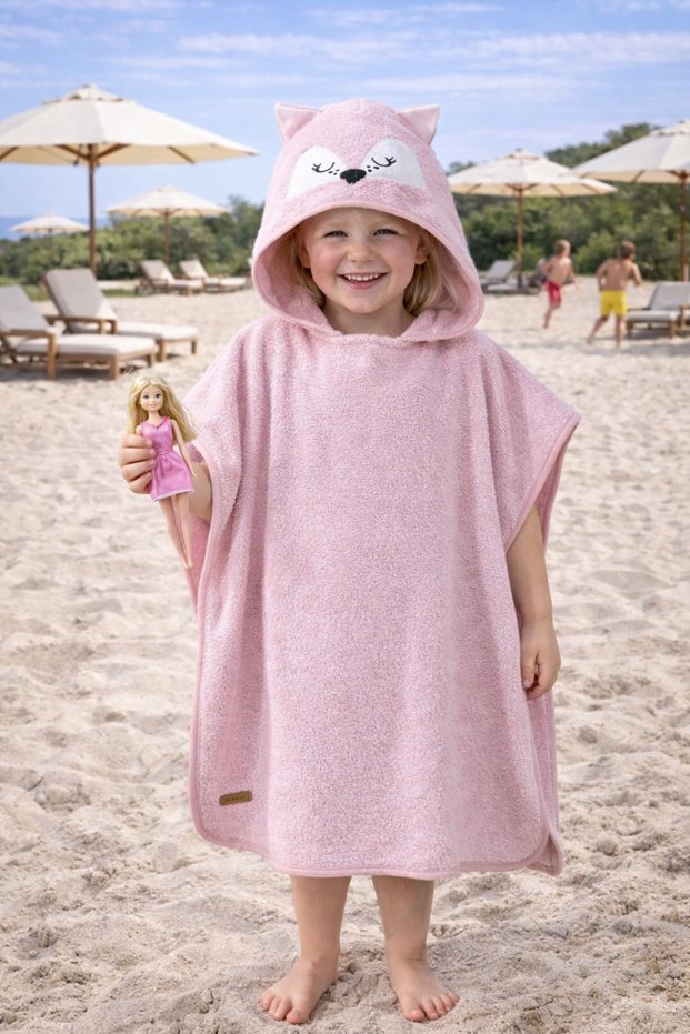 Children's Beach Towel Hooded (3-8 Years) Inside-Outside Surface 100% Cotton Pink Cat