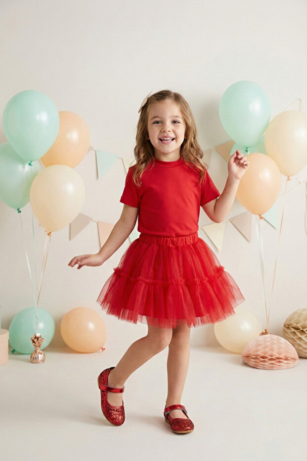 Kırmızı Penye Basic Çocuk Tişört - 1