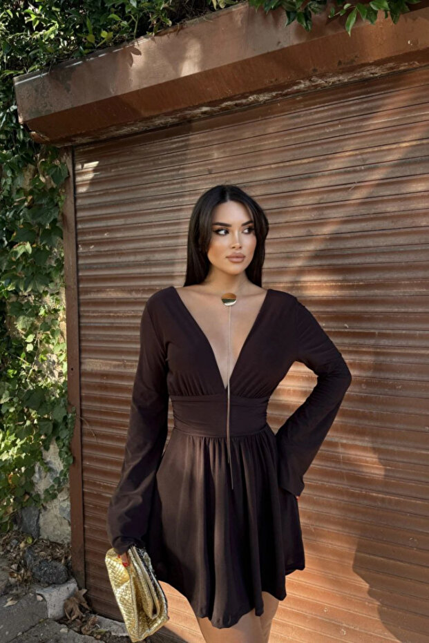 Women's V-Neck Low-Cut Back Spanish Sleeve Mini Dress with Shorts
