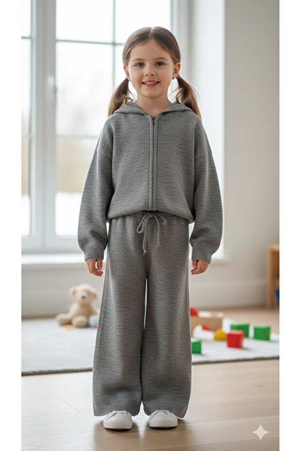 Gray Zipper-Front Hooded Cardigan Set, Ages 6–14