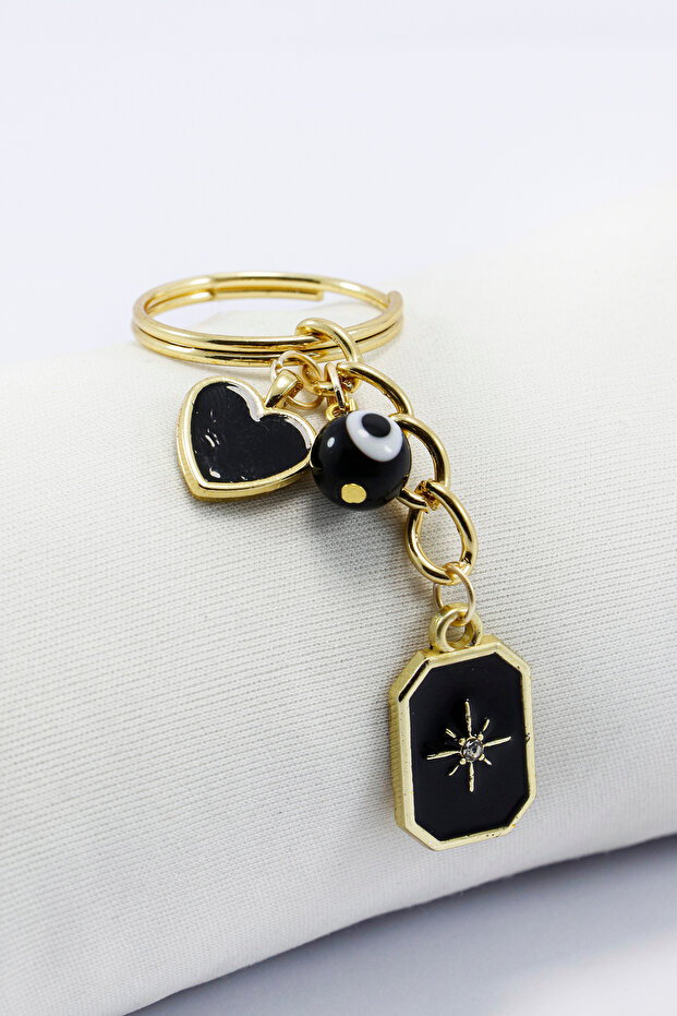 Black Glass Evil Eye Bead Metal North Star Small Keychain, Tiny Bag Ornament