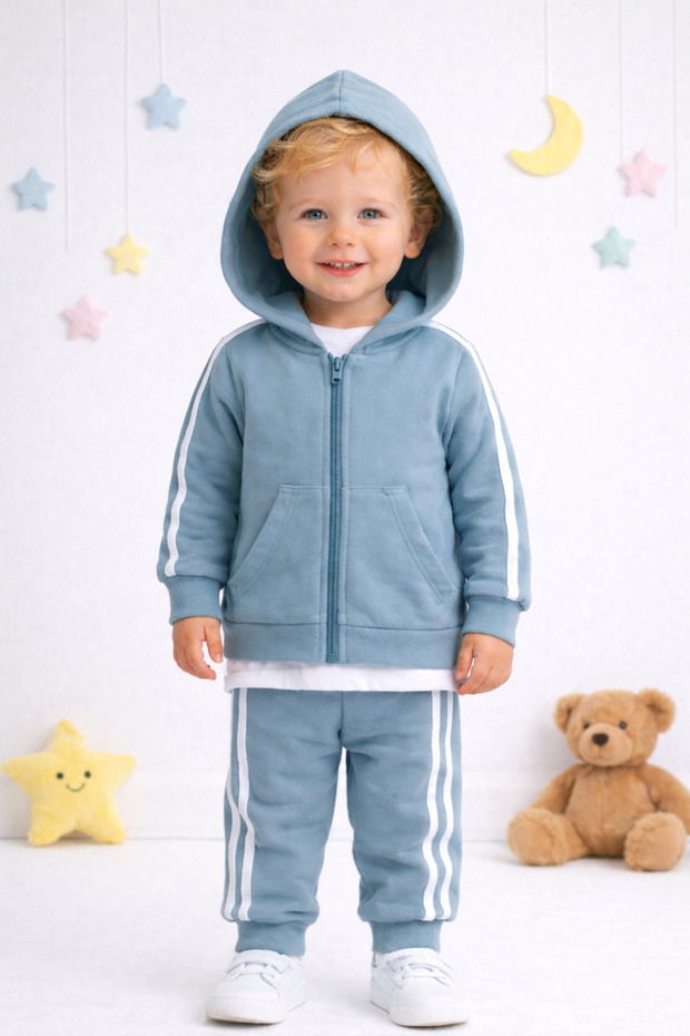 Side Striped Kangaroo Pocket Zip Sportswear 2-Piece Baby Set