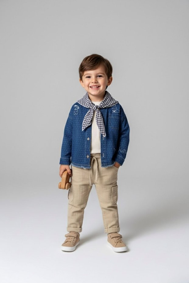 Cute Figured Denim Shirt 4-Piece Boys' Set - Light Blue