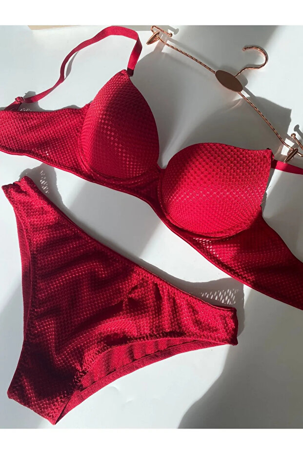 Basic Honeycomb Patterned Light Supported Red Bra Set - 1