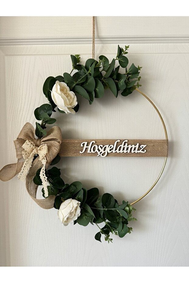 Welcome Eucalyptus and White Rose Detailed Modern Door Ornament Wall Decor Gift