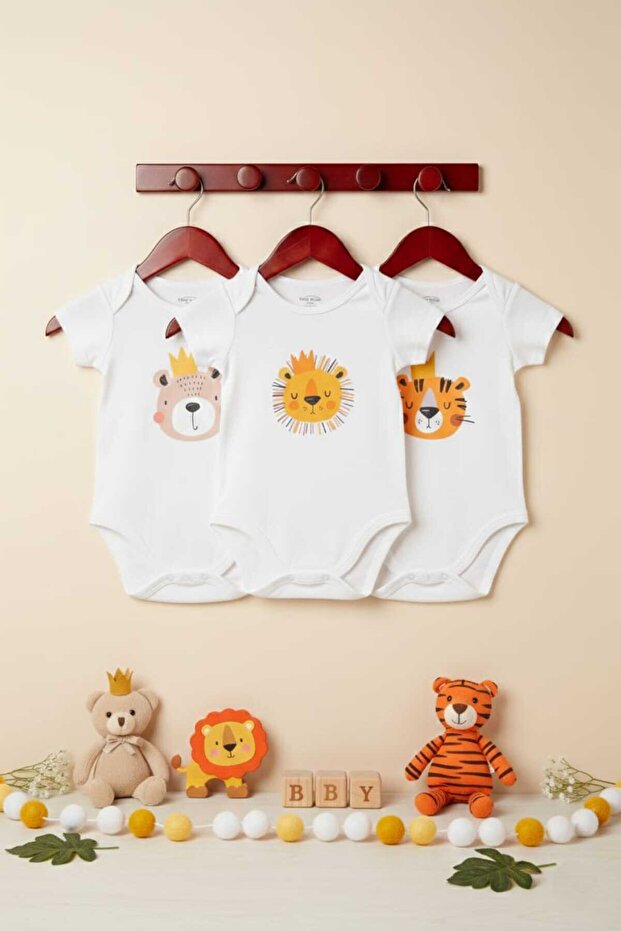 3-Pack 100% Cotton Unisex Baby Short Sleeve Bodysuit Set - Cute Animal Printed Bodysuits