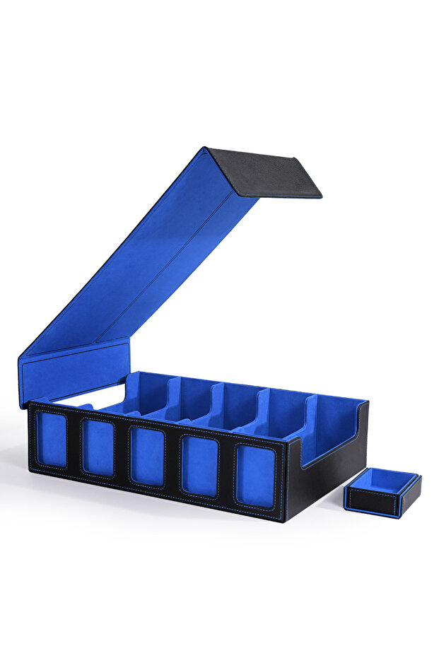 Black-Blue Trading Card Storage Box with Commander Display Dice Tray,5-Row Deck Case with Removable